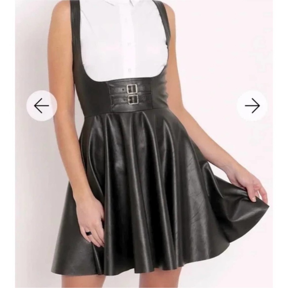 Blackmilk Black Faux Leather Buckle Skater Dress